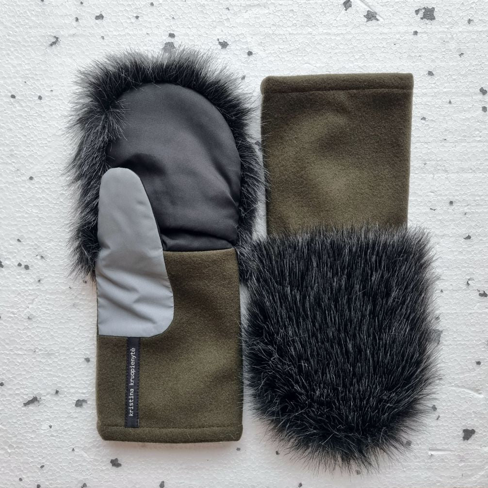 Mittens with faux fur DARK GREY MELANGE + OLIVE GREEN