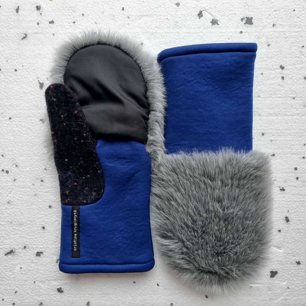 Fingerless gloves with faux fur hood LIGHT GREY + BLUE