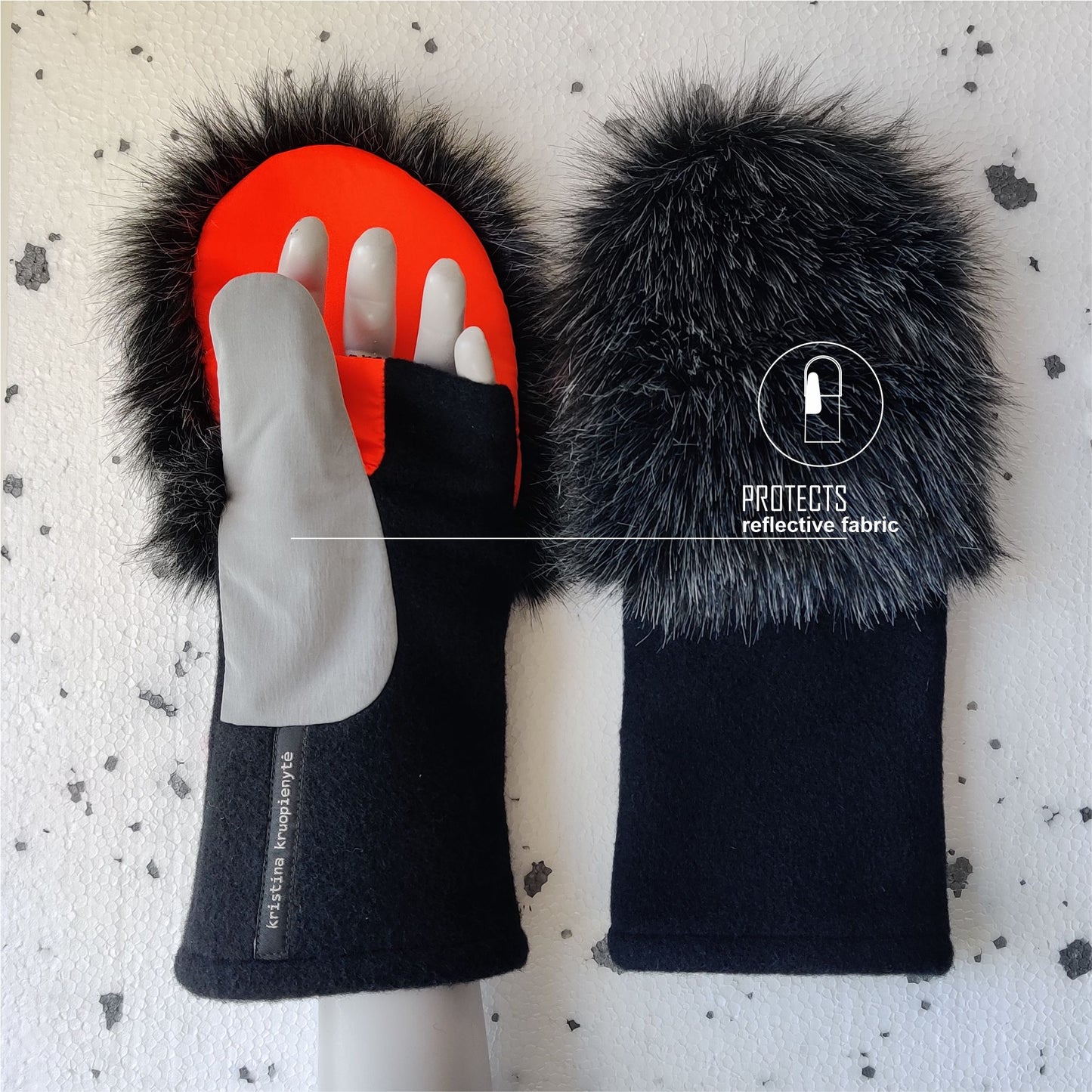 Fingerless gloves with faux fur hood BLACK + DARK GREY MELANGE +NEON ORANGE