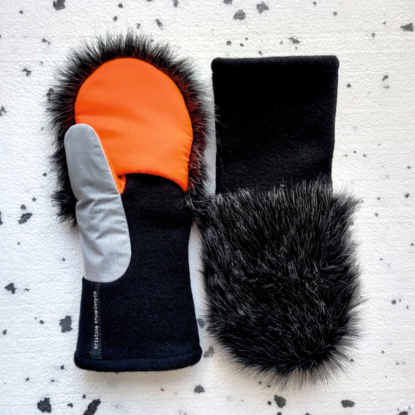 Fingerless gloves with faux fur hood BLACK + DARK GREY MELANGE +NEON ORANGE