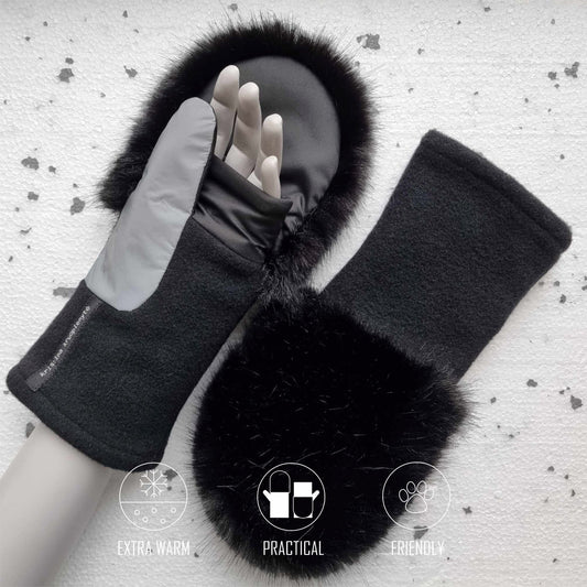 Fingerless gloves with faux fur hood  BLACK