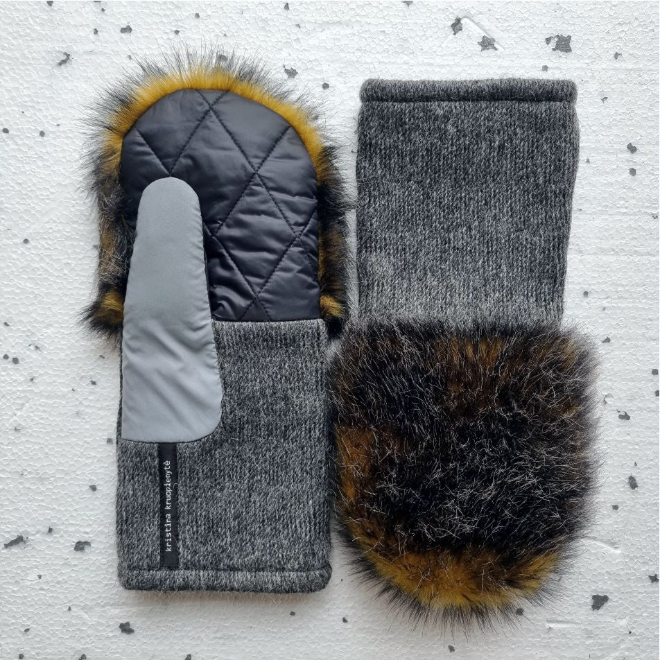 Mittens with faux fur GREY / OMBRE OLIVE with GREY MELANGE