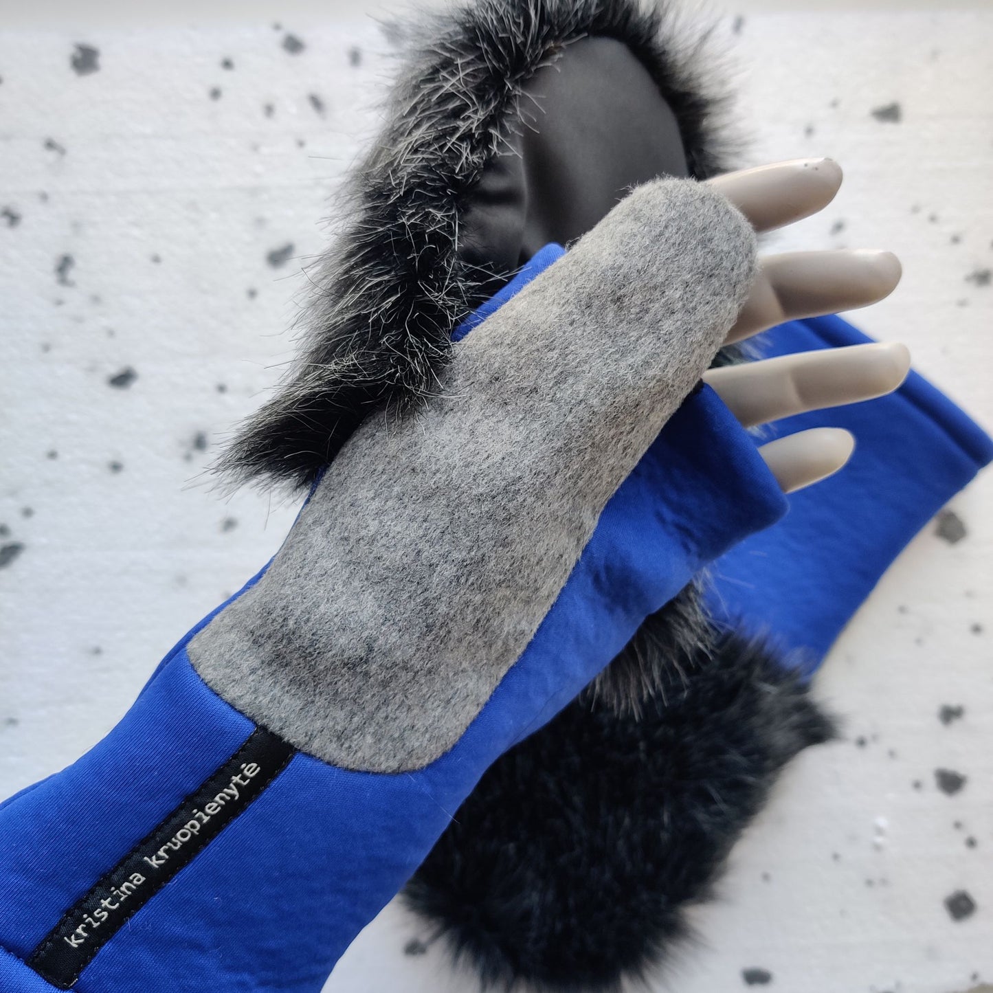 Fingerless gloves with faux fur hood  BLUE + DARK GREY MELANGE