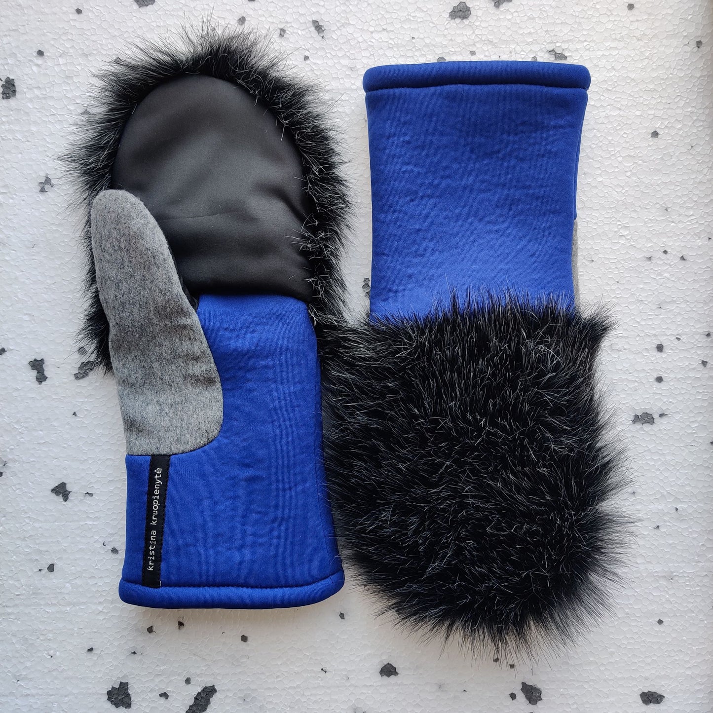 Fingerless gloves with faux fur hood BLUE + DARK GREY MELANGE
