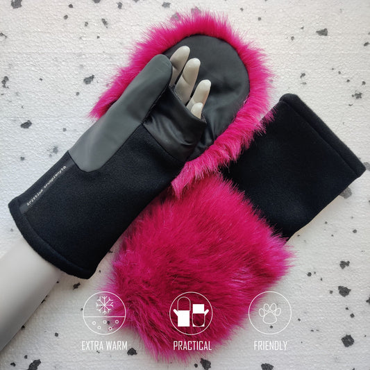 Fingerless gloves with faux fur hood  BLACK + PINK
