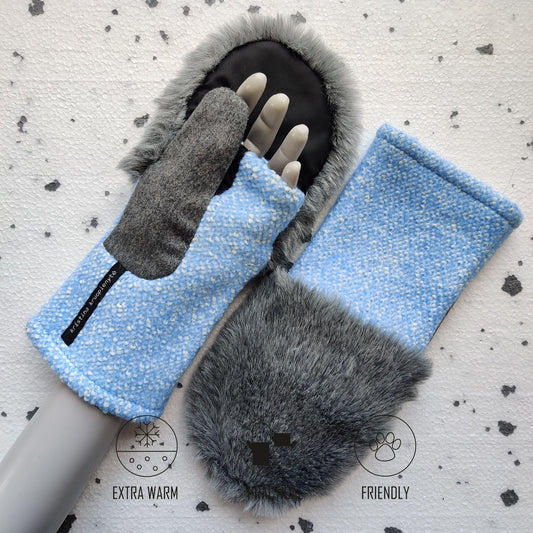 Fingerless gloves with faux fur hood  LIGHT BLUE + LIGHT GREY