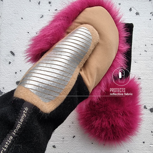 Mittens with faux fur BLACK CAMEL PINK