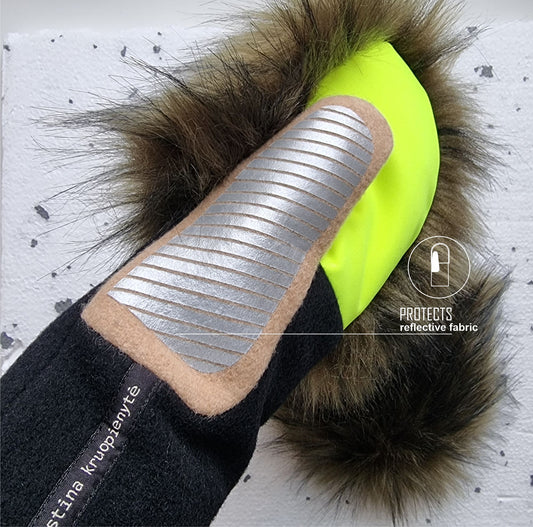 Mittens with faux fur BLACK/ NEON / DEEP OLIVE GREEN