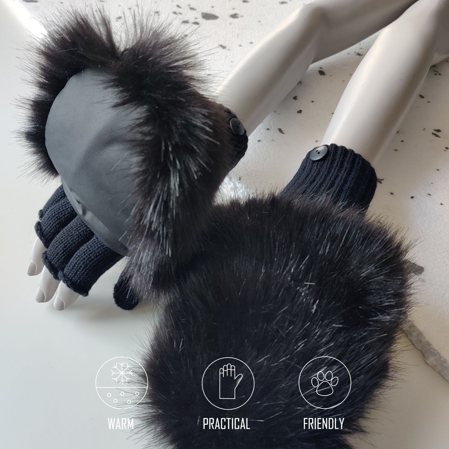 Knitted fingerless gloves with faux fur hood BLACK