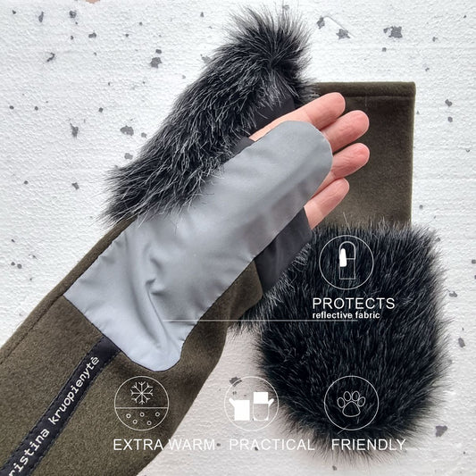 Mittens with faux fur DARK GREY MELANGE + OLIVE GREEN