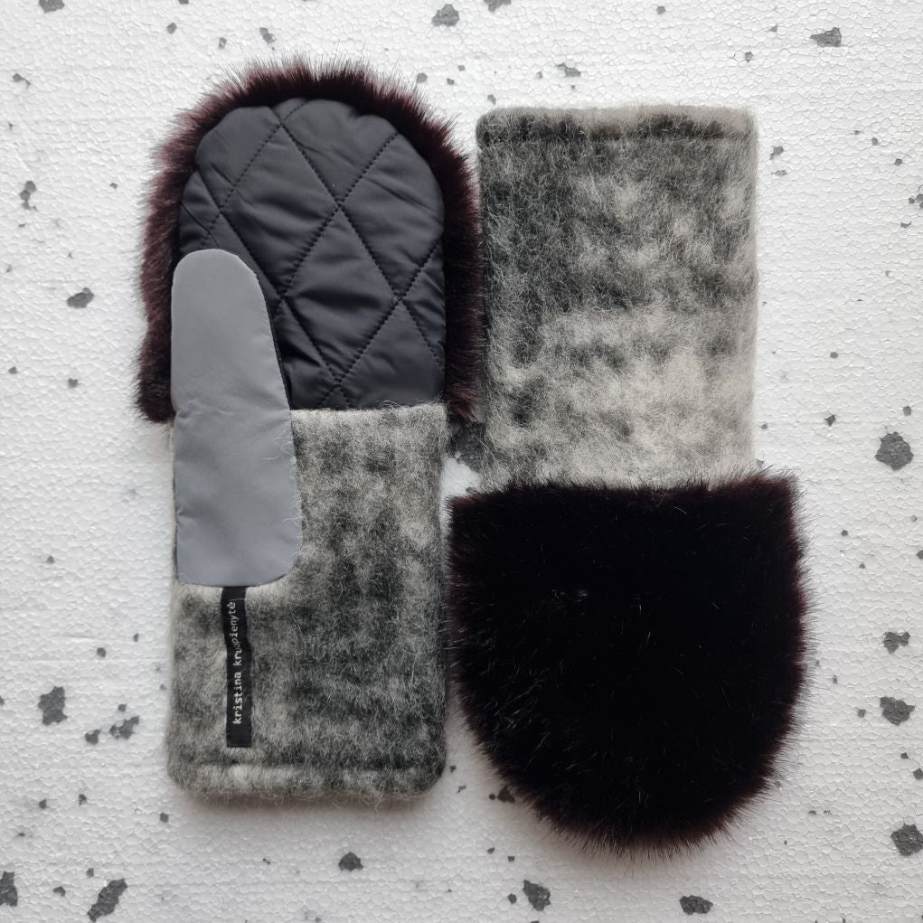 Mittens with faux fur GREY / RASIN BROWN