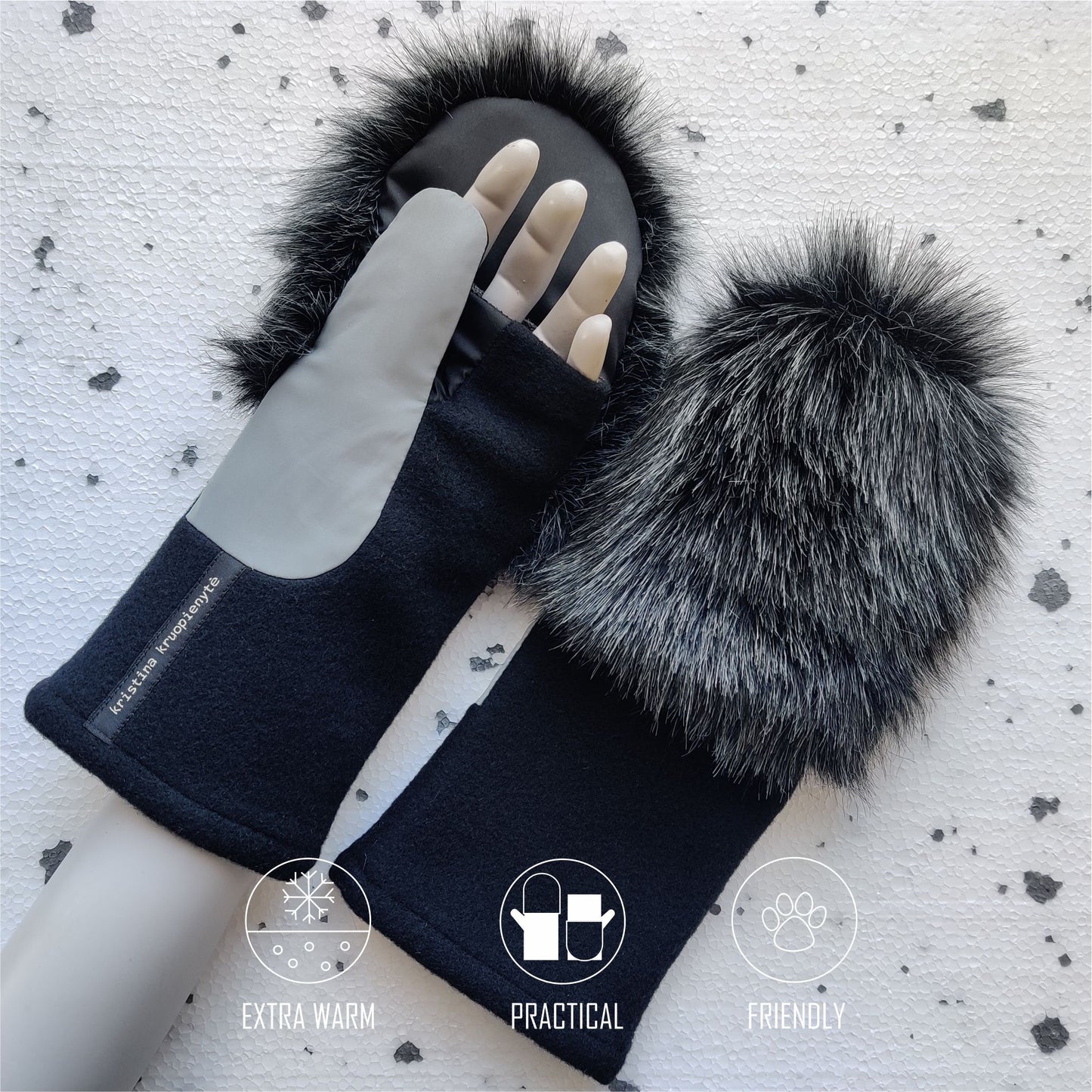 Fingerless gloves with faux fur hood  BLACK + DARK MELANGE GREY