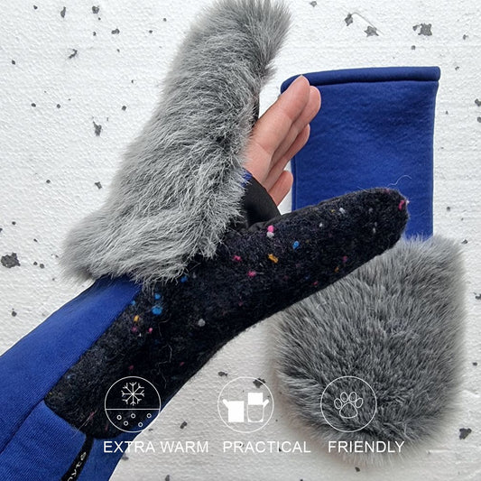 Fingerless gloves with faux fur hood LIGHT GREY + BLUE