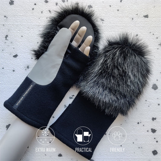 Fingerless gloves with faux fur hood BLACK + DARK MELANGE GREY