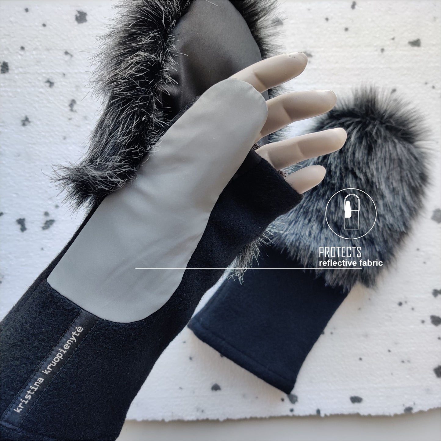 Fingerless gloves with faux fur hood  BLACK + DARK MELANGE GREY