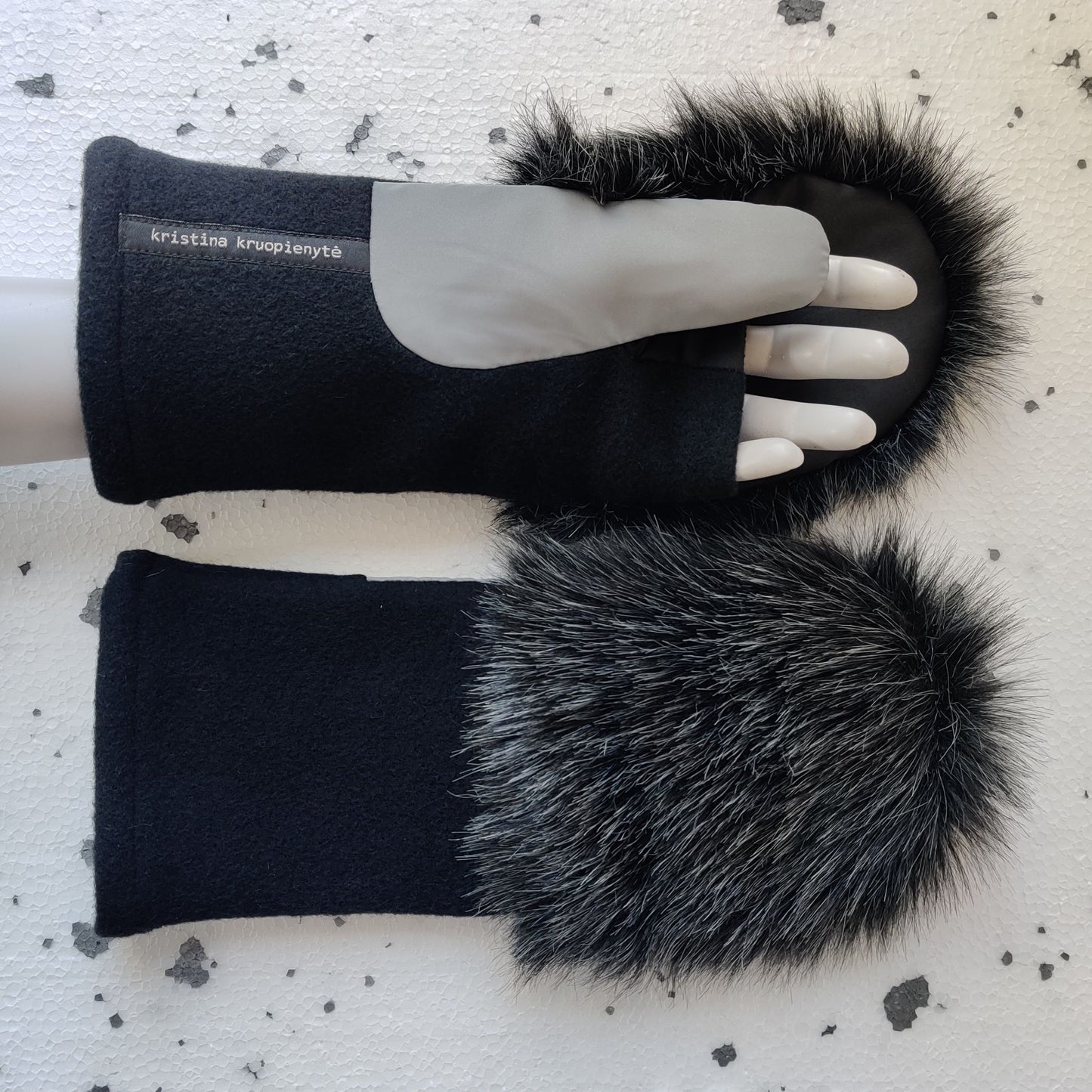 Fingerless gloves with faux fur hood  BLACK + DARK MELANGE GREY