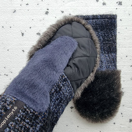 Mittens with faux fur MELANGE ASH / MELANGE BLUE and BLACK
