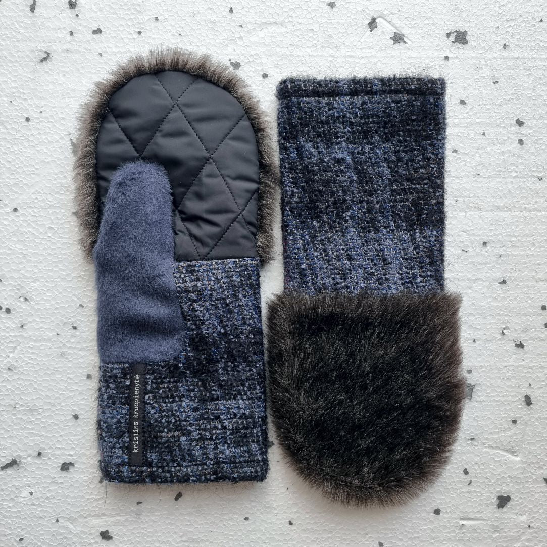 Mittens with faux fur MELANGE ASH / MELANGE BLUE and BLACK