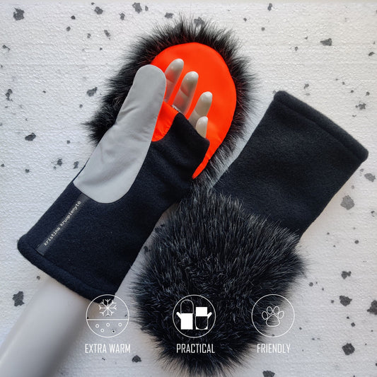 Fingerless gloves with faux fur hood BLACK + DARK GREY MELANGE +NEON ORANGE