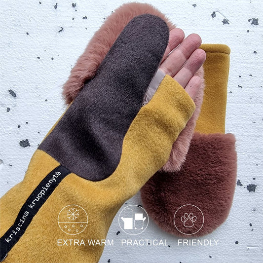 Fingerless gloves with faux fur hood  MOUVE PINK + MUSTARD