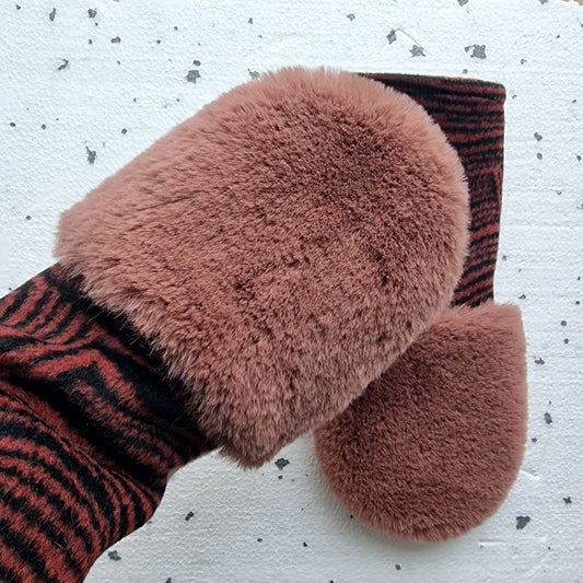 Mittens with faux fur  MAUVE PINK / mahogany RED
