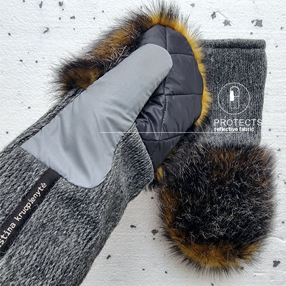 Mittens with faux fur GREY / OMBRE OLIVE with GREY MELANGE