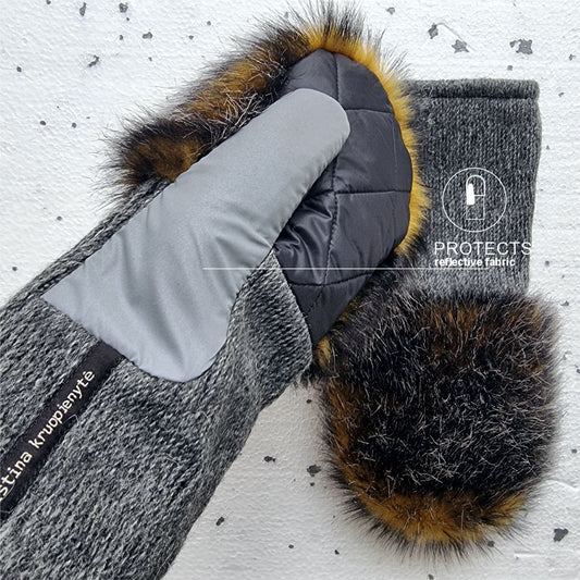 Mittens with faux fur GREY / OMBRE OLIVE with GREY MELANGE