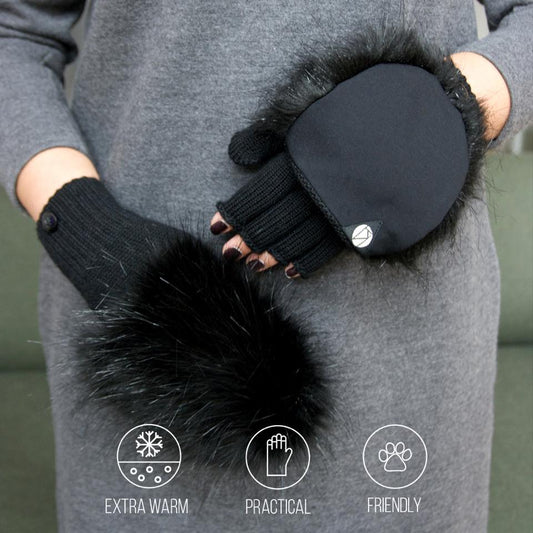 Knitted fingerless gloves with faux fur hood BLACK
