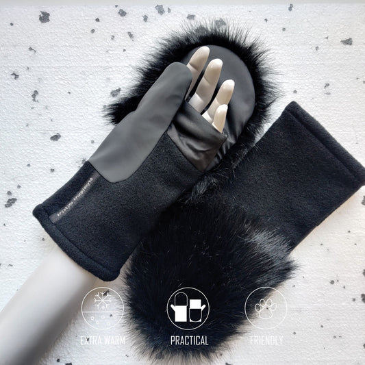 Fingerless gloves with faux fur hood  BLACK