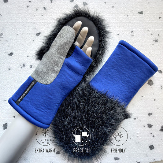 Fingerless gloves with faux fur hood BLUE + DARK GREY MELANGE