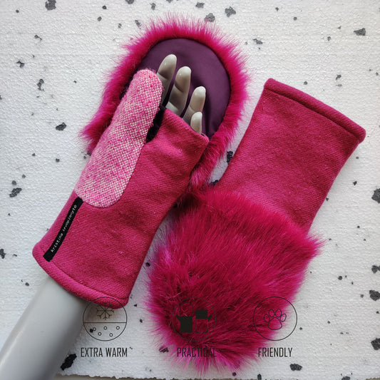 Fingerless gloves with faux fur hood PINK