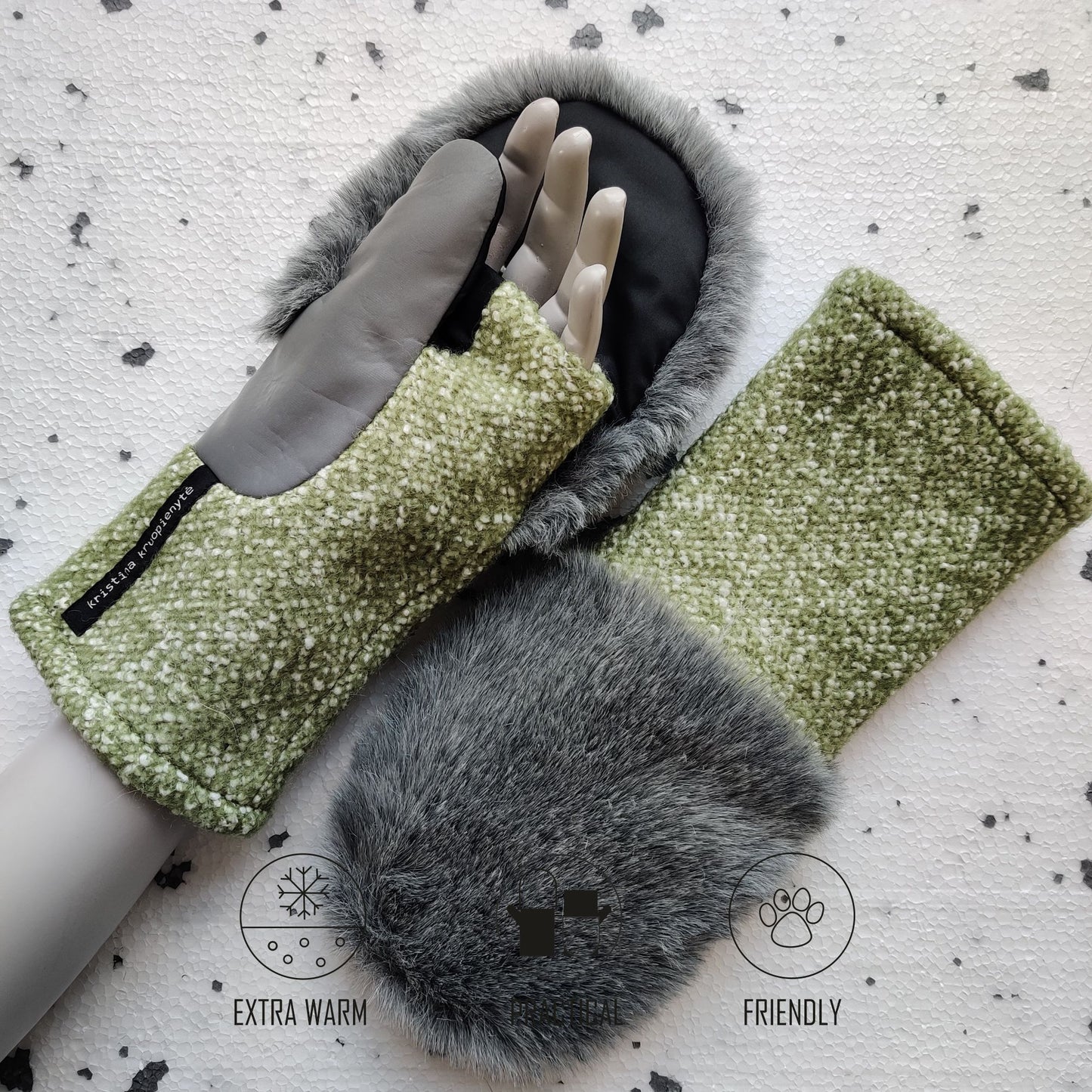 Fingerless gloves with faux fur hood  LIGHT GREEN + LIGHT GREY