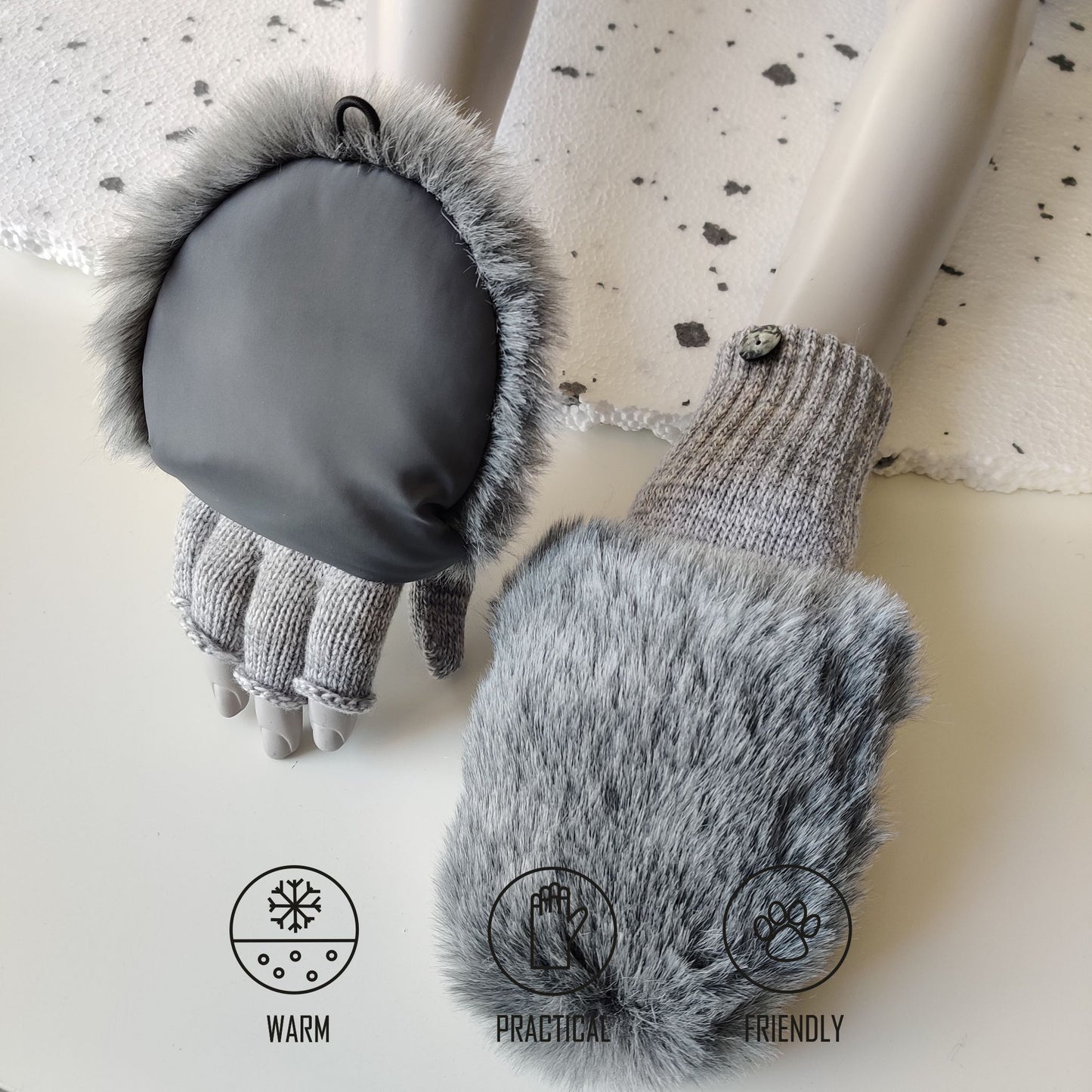 Knitted fingerless gloves with faux fur hood  LIGHT GREY MELANGE