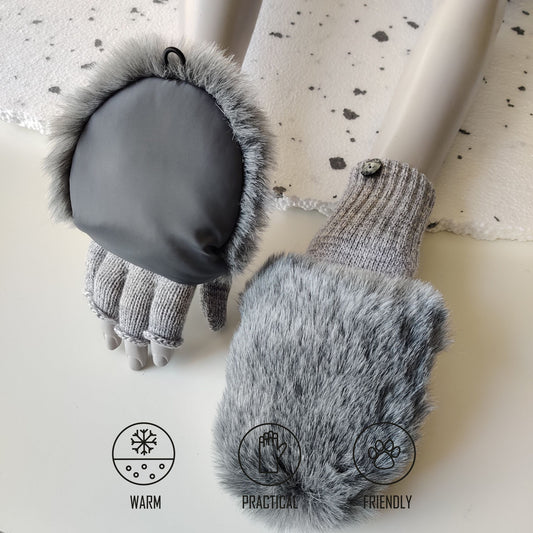 Knitted fingerless gloves with faux fur hood LIGHT GREY MELANGE